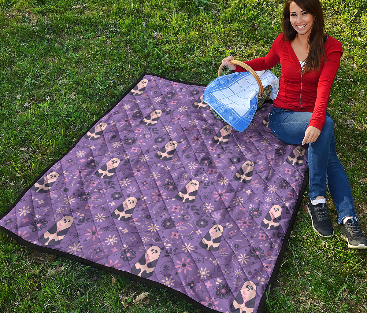 Purple Panda And Flower Pattern Print Quilt