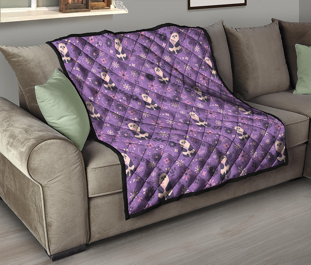 Purple Panda And Flower Pattern Print Quilt