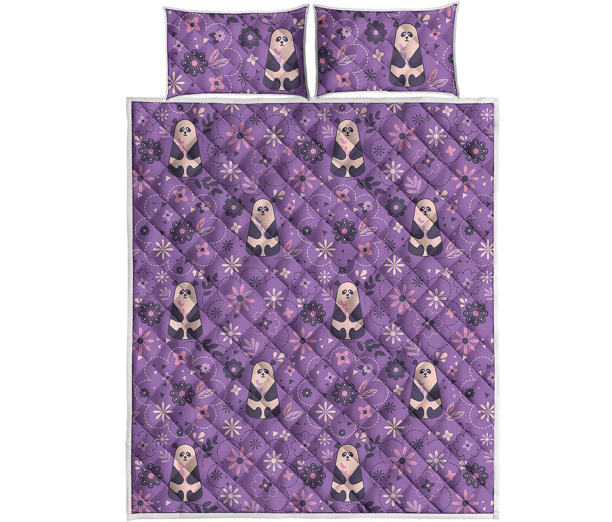 Purple Panda And Flower Pattern Print Quilt Bed Set