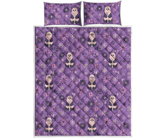 Purple Panda And Flower Pattern Print Quilt Bed Set