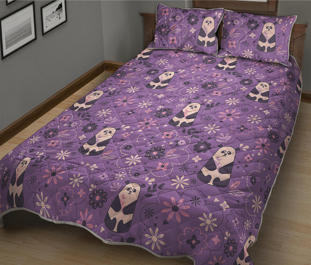 Purple Panda And Flower Pattern Print Quilt Bed Set