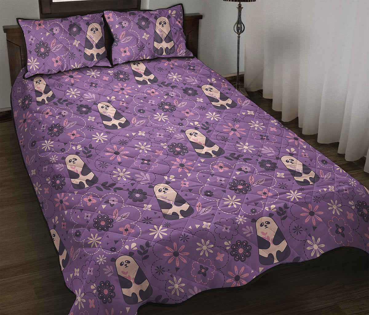 Purple Panda And Flower Pattern Print Quilt Bed Set