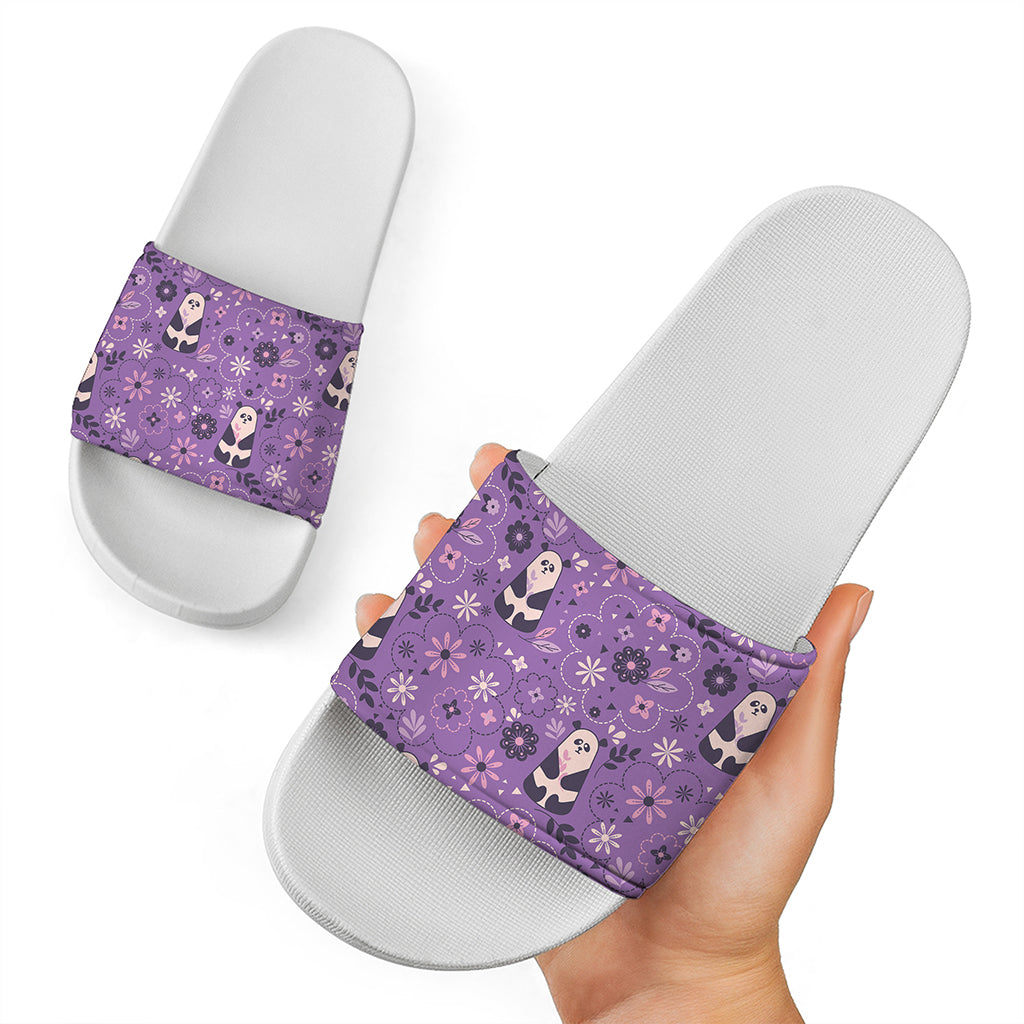 Purple Panda And Flower Pattern Print White Slide Sandals