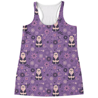 Purple Panda And Flower Pattern Print Women's Racerback Tank Top