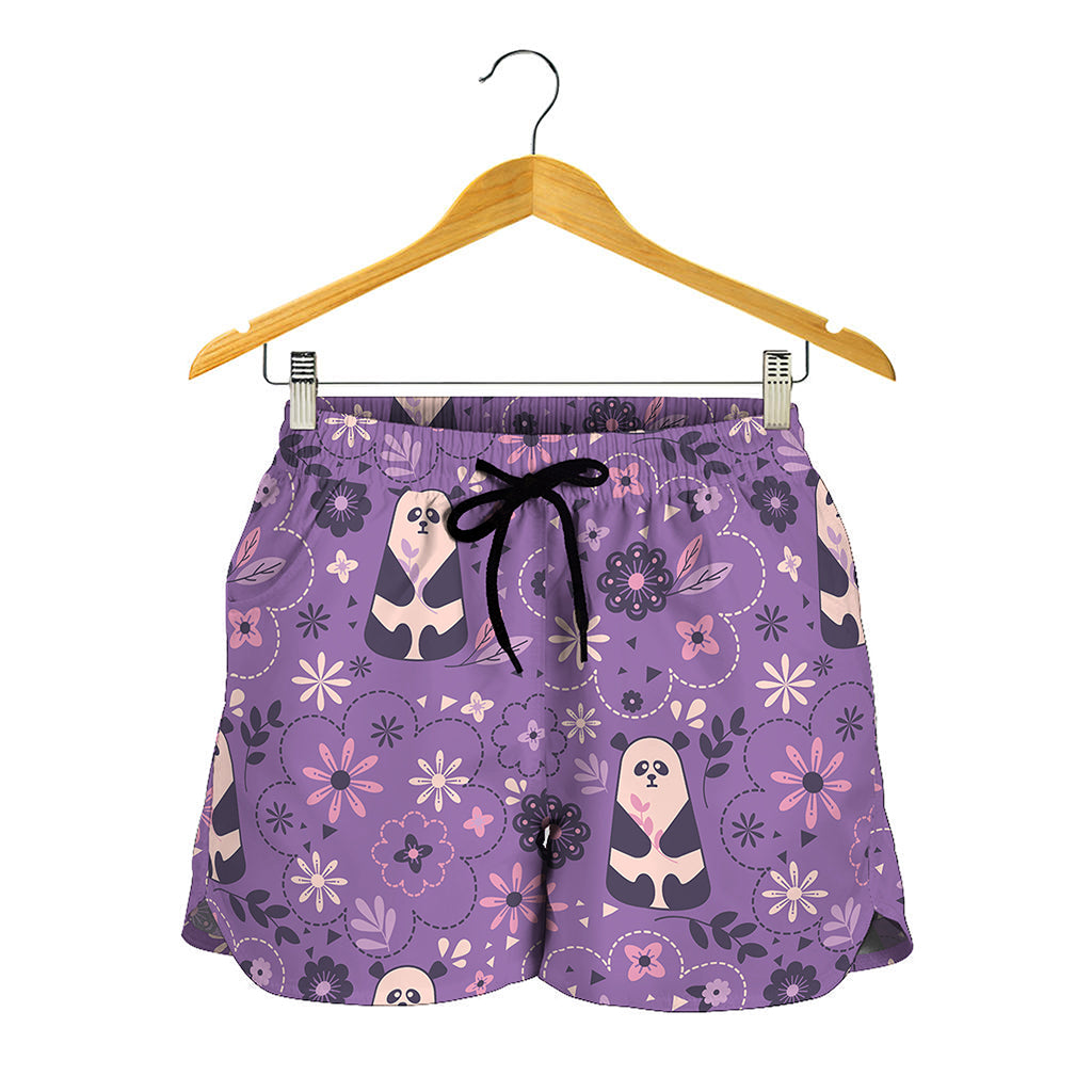 Purple Panda And Flower Pattern Print Women's Shorts