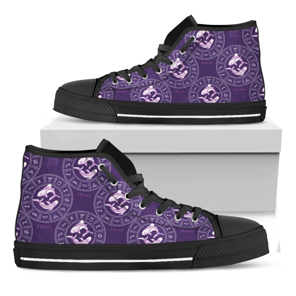 Purple Pisces Zodiac Pattern Print Black High Top Shoes