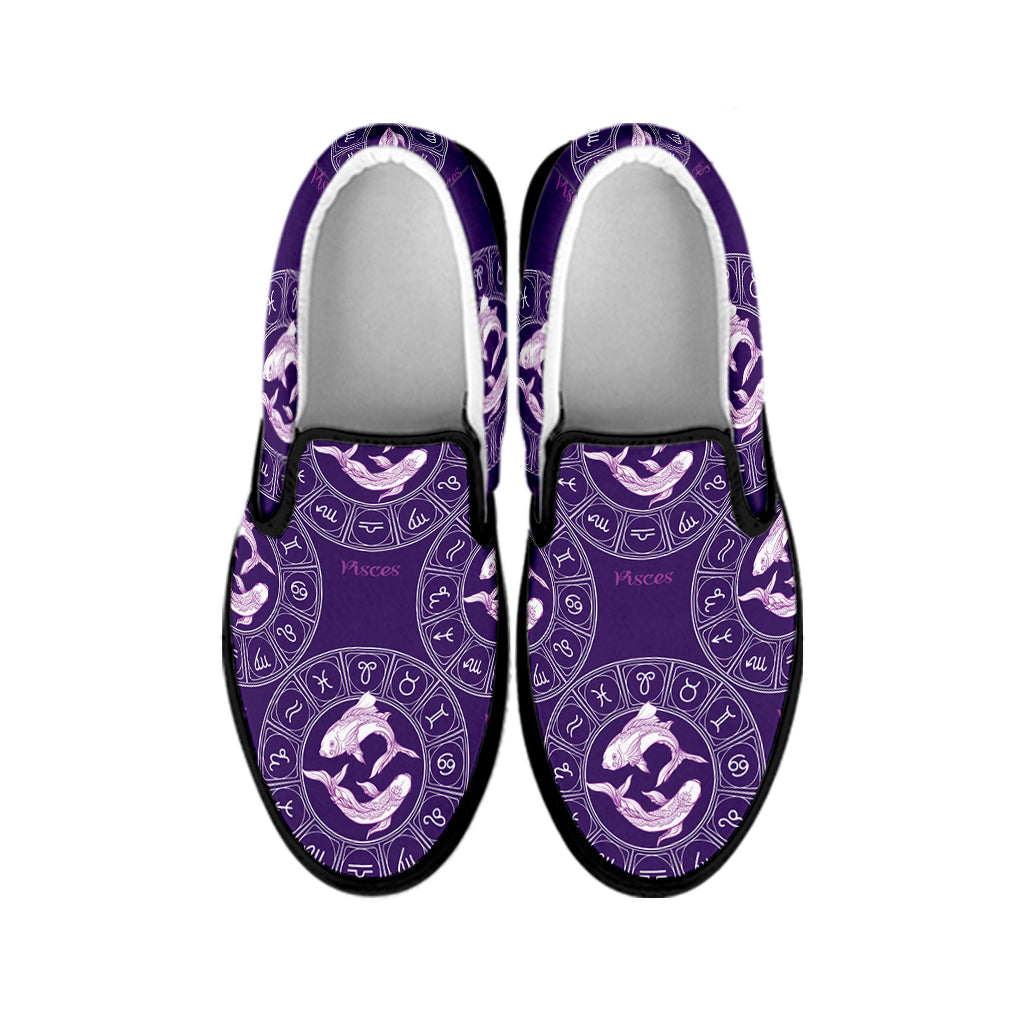 Purple Pisces Zodiac Pattern Print Black Slip On Shoes