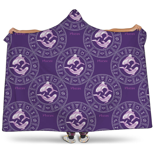 Purple Pisces Zodiac Pattern Print Hooded Blanket
