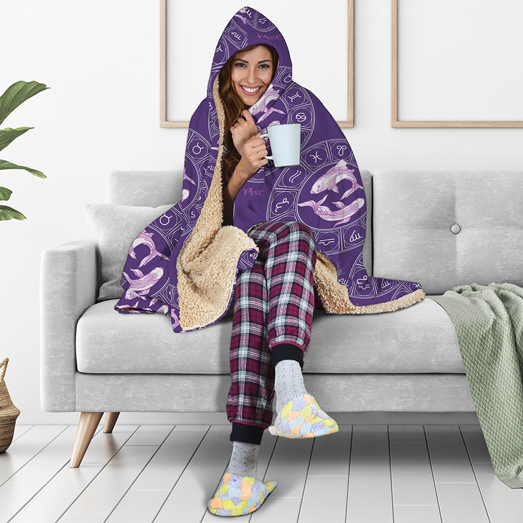 Purple Pisces Zodiac Pattern Print Hooded Blanket