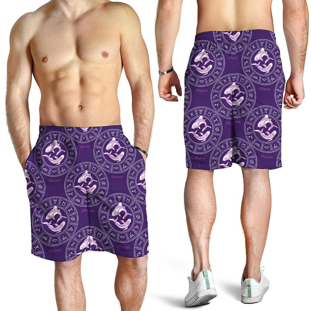 Purple Pisces Zodiac Pattern Print Men's Shorts