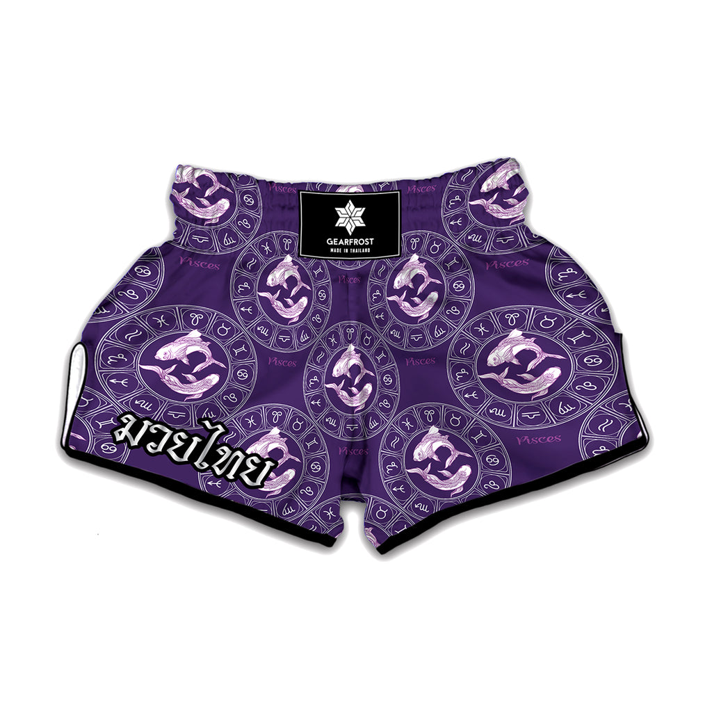 Purple Pisces Zodiac Pattern Print Muay Thai Boxing Shorts