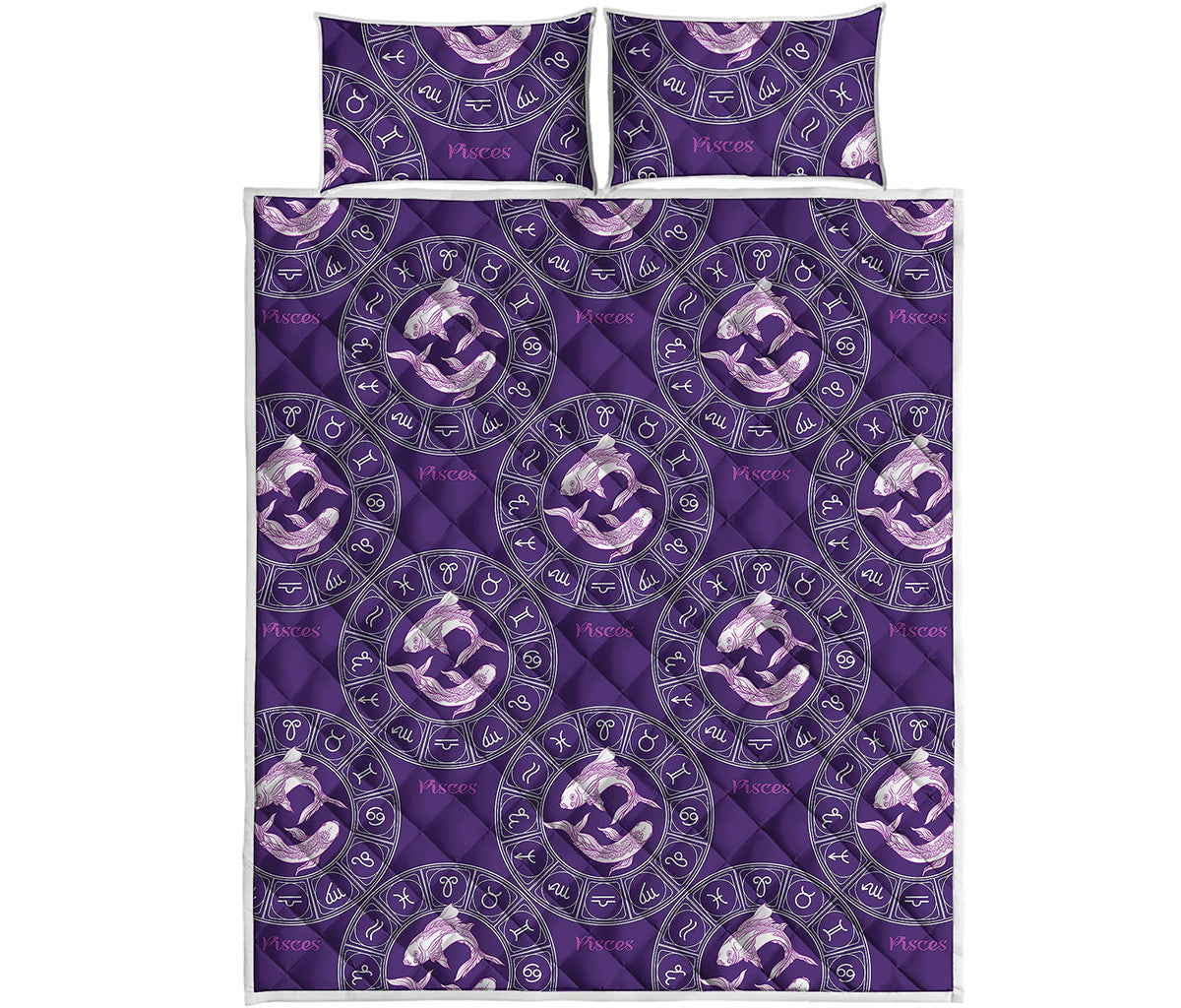 Purple Pisces Zodiac Pattern Print Quilt Bed Set