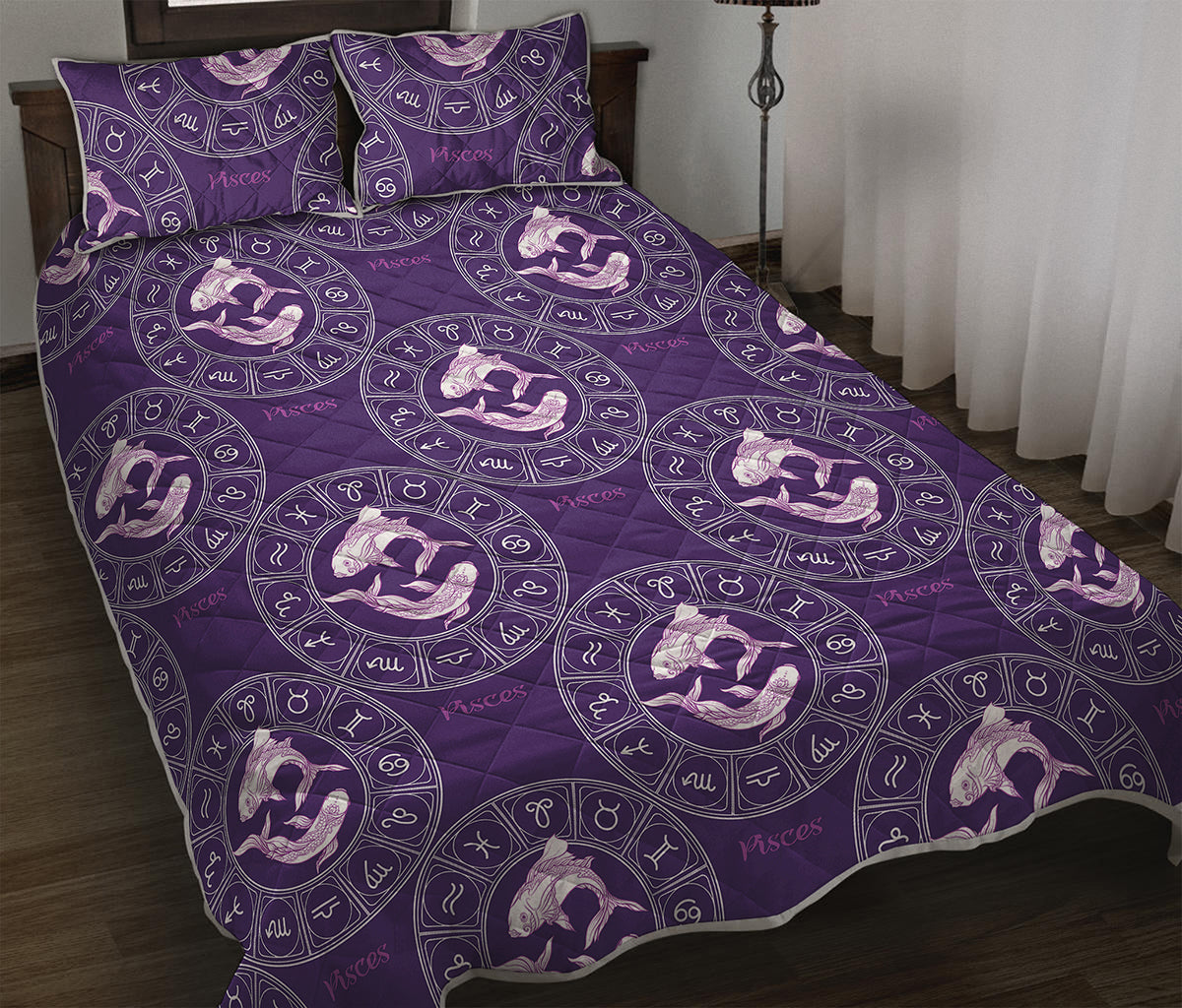 Purple Pisces Zodiac Pattern Print Quilt Bed Set