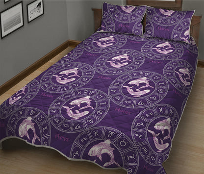 Purple Pisces Zodiac Pattern Print Quilt Bed Set