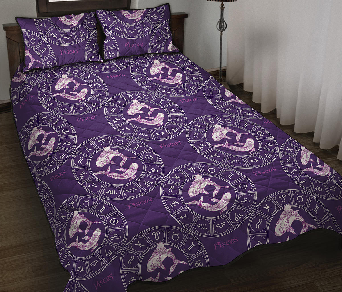 Purple Pisces Zodiac Pattern Print Quilt Bed Set