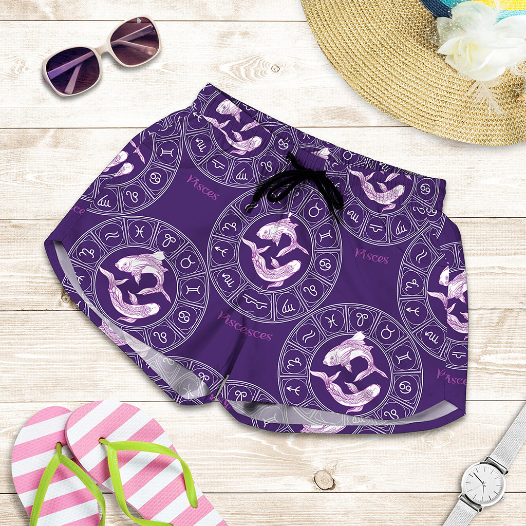 Purple Pisces Zodiac Pattern Print Women's Shorts