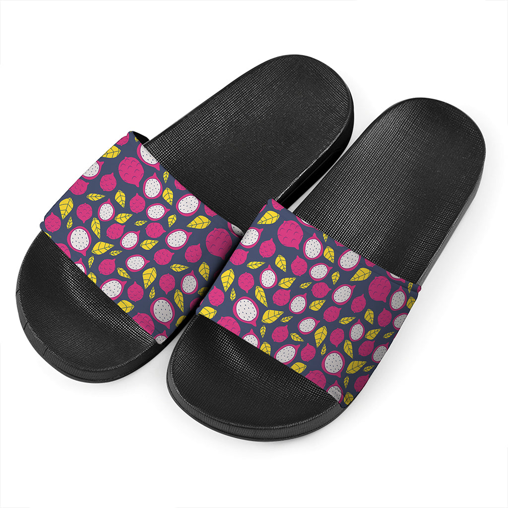 Purple Pitaya Pattern Print Black Slide Sandals