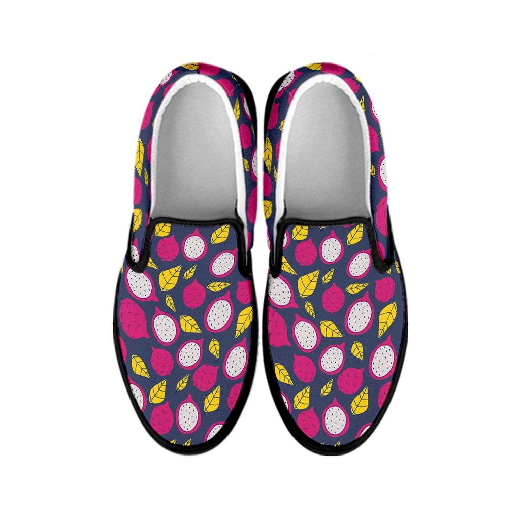 Purple Pitaya Pattern Print Black Slip On Shoes