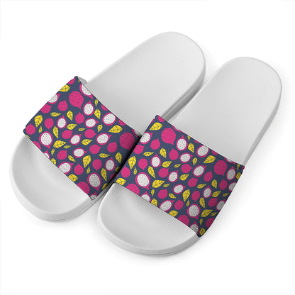 Purple Pitaya Pattern Print White Slide Sandals