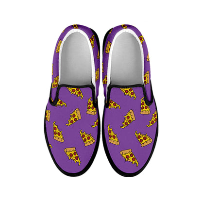 Purple Pizza Pattern Print Black Slip On Shoes