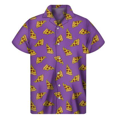 Purple Pizza Pattern Print Men's Short Sleeve Shirt