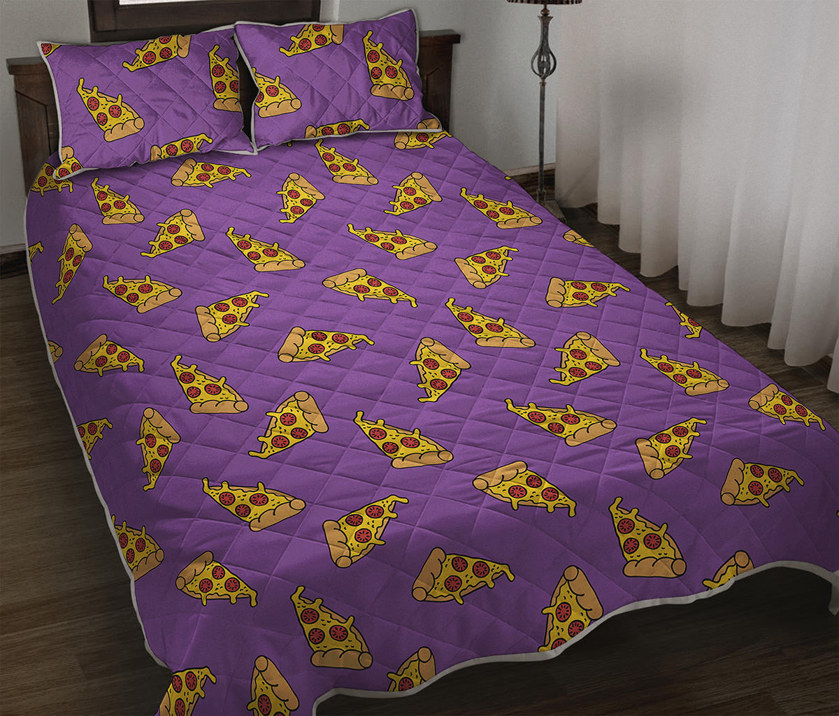 Purple Pizza Pattern Print Quilt Bed Set