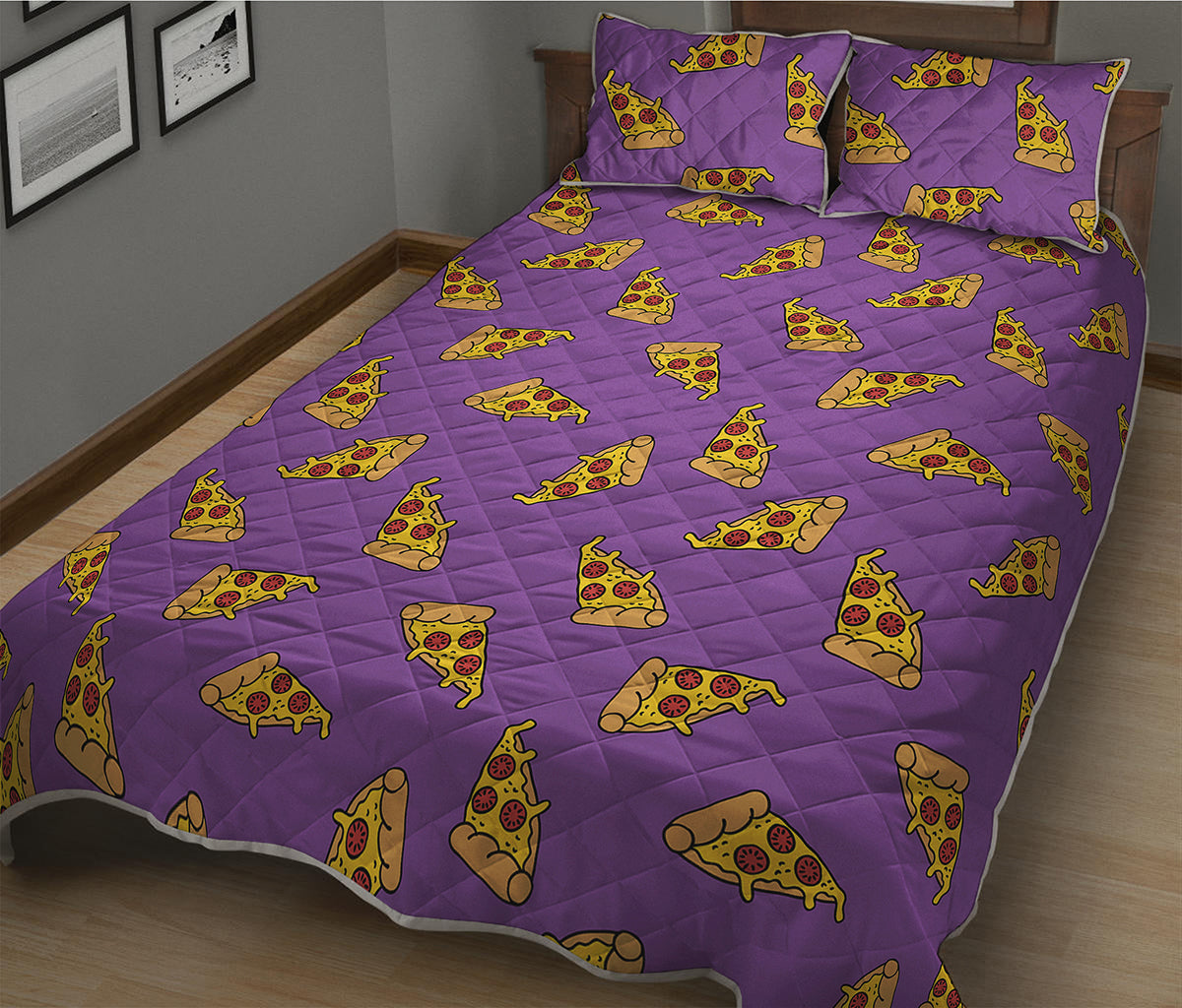 Purple Pizza Pattern Print Quilt Bed Set