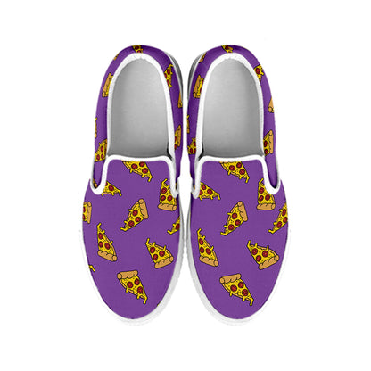 Purple Pizza Pattern Print White Slip On Shoes