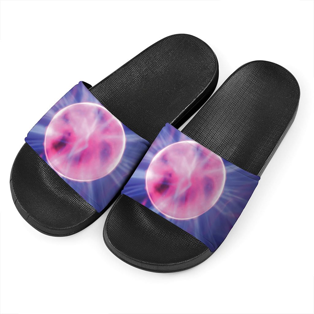 Purple Plasma Ball Print Black Slide Sandals