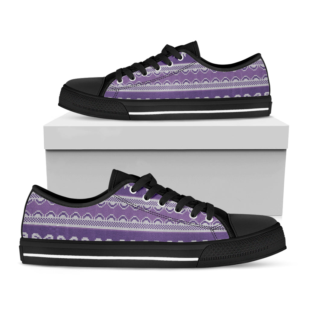Purple Ribbon Knitted Pattern Print Black Low Top Shoes