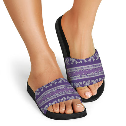 Purple Ribbon Knitted Pattern Print Black Slide Sandals