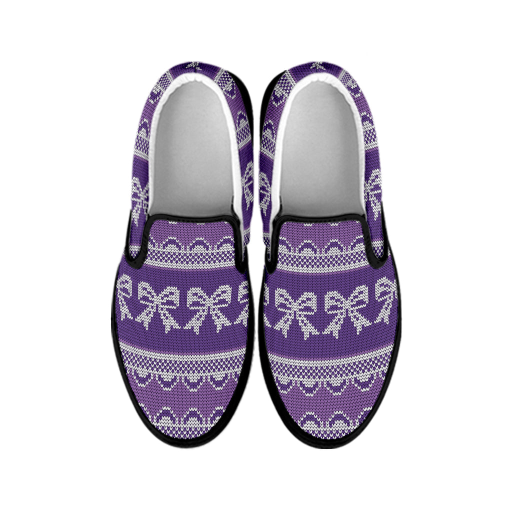 Purple Ribbon Knitted Pattern Print Black Slip On Shoes