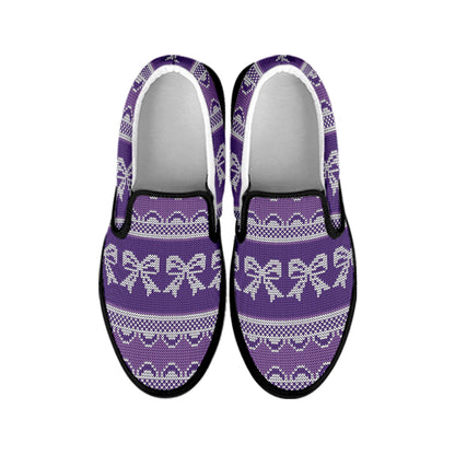Purple Ribbon Knitted Pattern Print Black Slip On Shoes