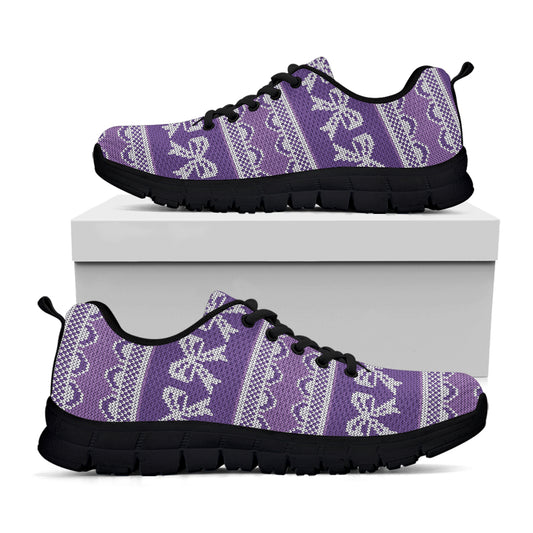 Purple Ribbon Knitted Pattern Print Black Sneakers