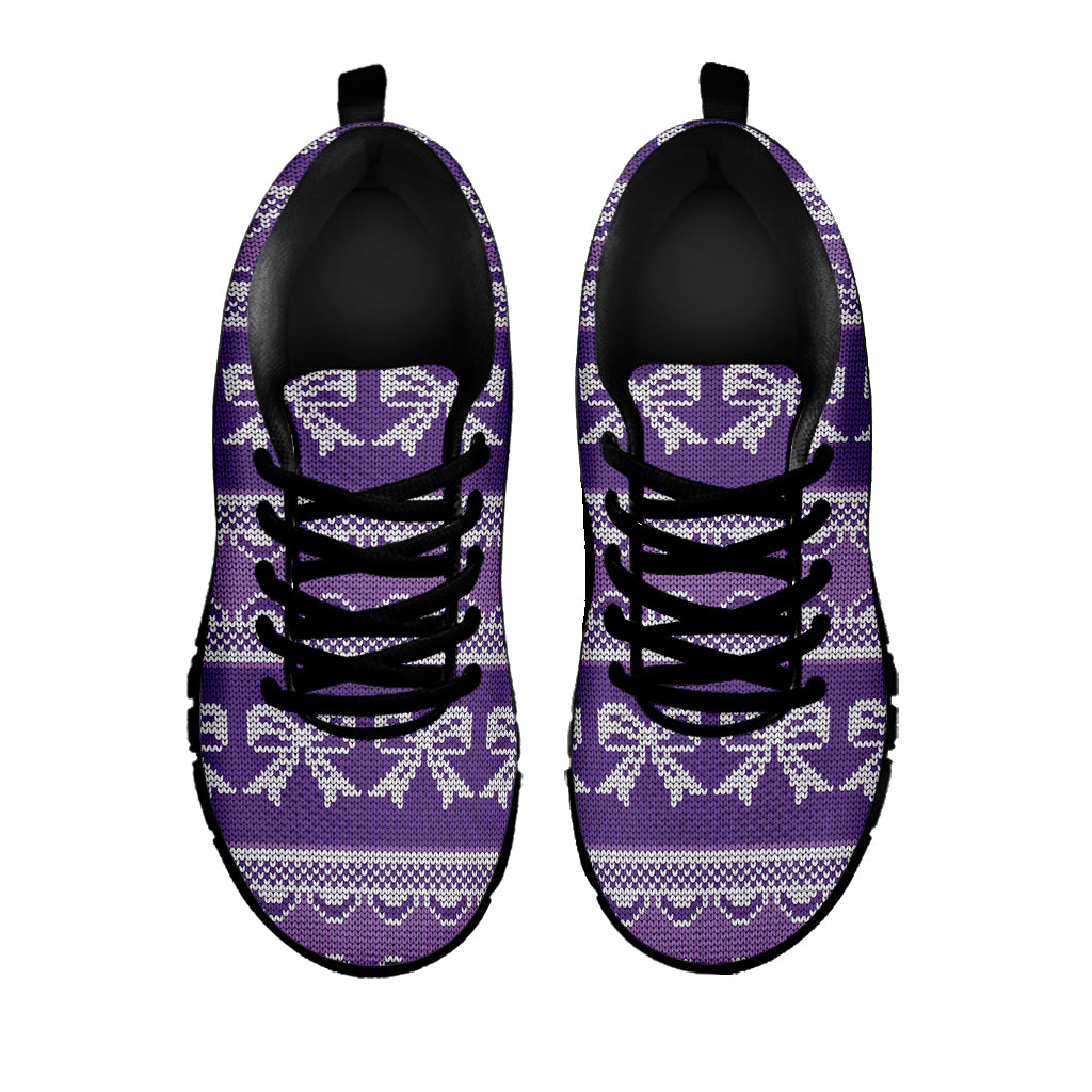 Purple Ribbon Knitted Pattern Print Black Sneakers