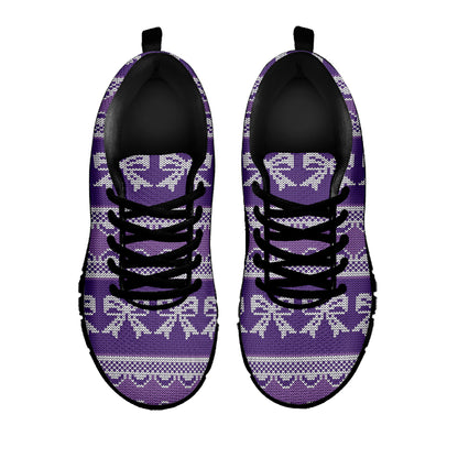 Purple Ribbon Knitted Pattern Print Black Sneakers