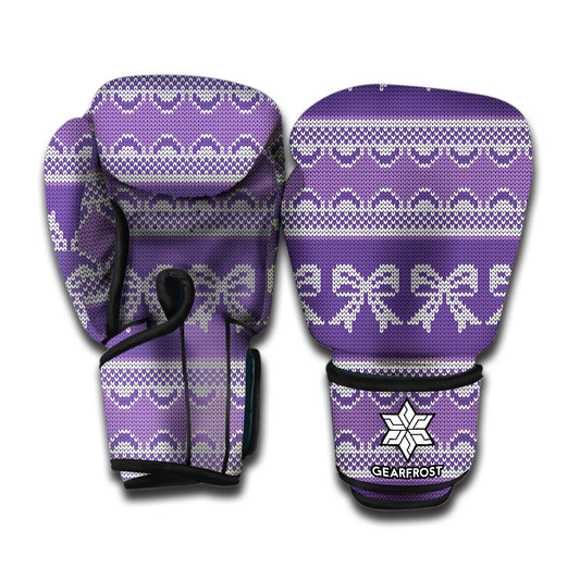 Purple Ribbon Knitted Pattern Print Boxing Gloves