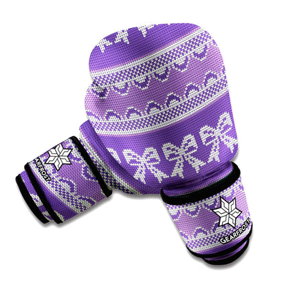 Purple Ribbon Knitted Pattern Print Boxing Gloves