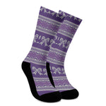 Purple Ribbon Knitted Pattern Print Crew Socks