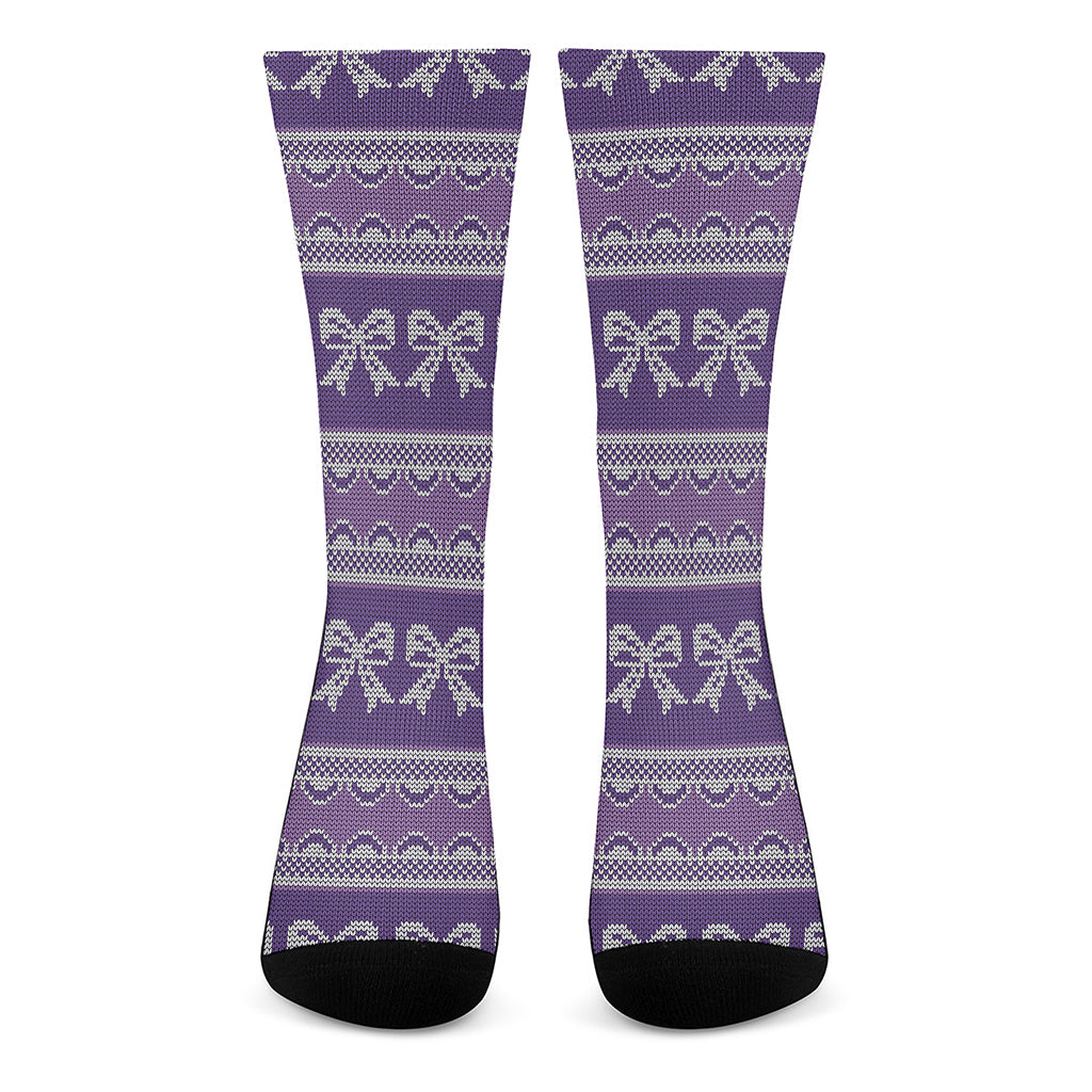 Purple Ribbon Knitted Pattern Print Crew Socks