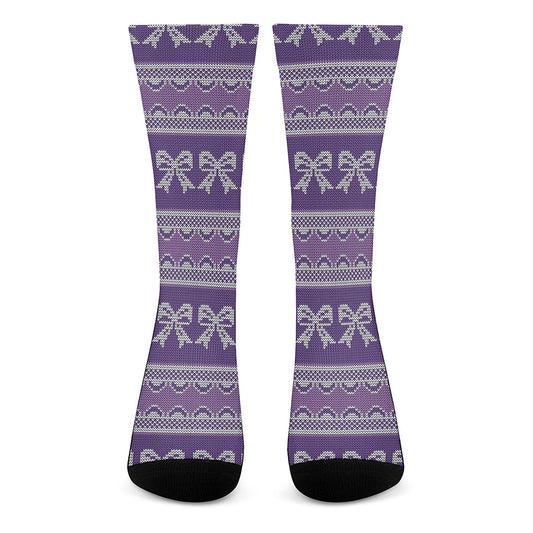 Purple Ribbon Knitted Pattern Print Crew Socks
