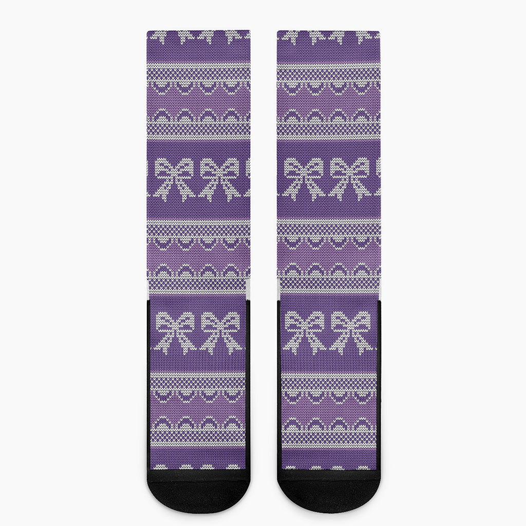 Purple Ribbon Knitted Pattern Print Crew Socks