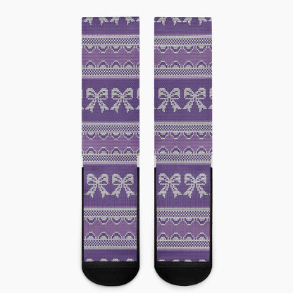 Purple Ribbon Knitted Pattern Print Crew Socks
