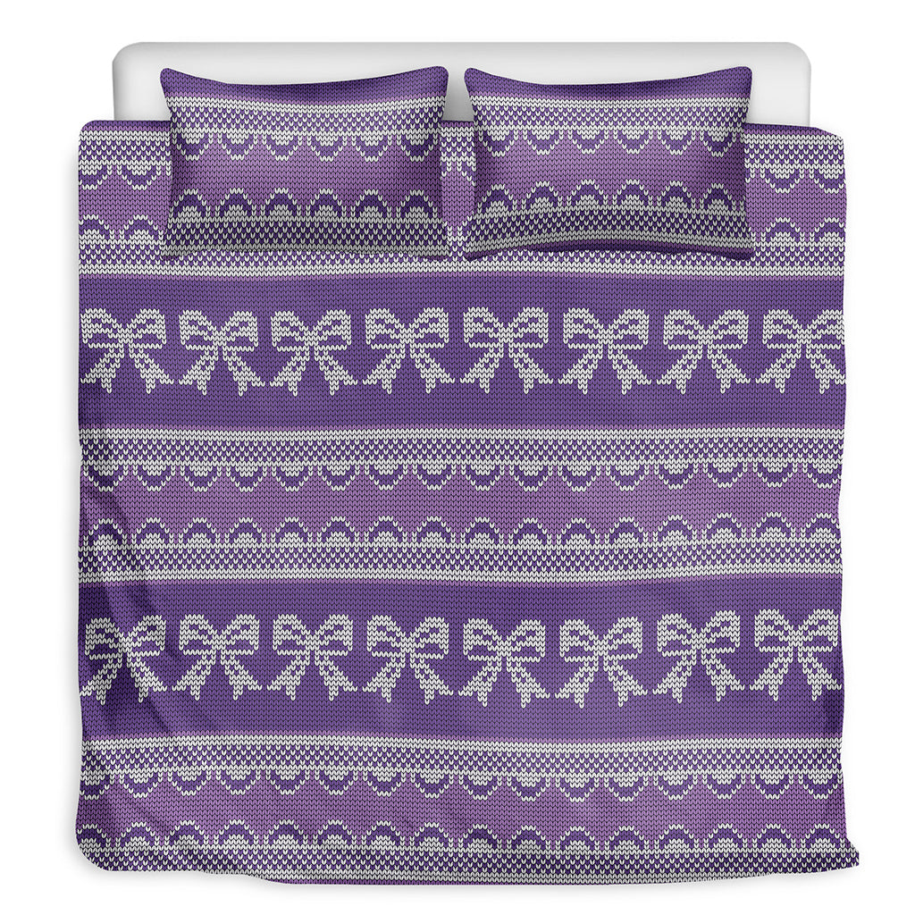 Purple Ribbon Knitted Pattern Print Duvet Cover Bedding Set