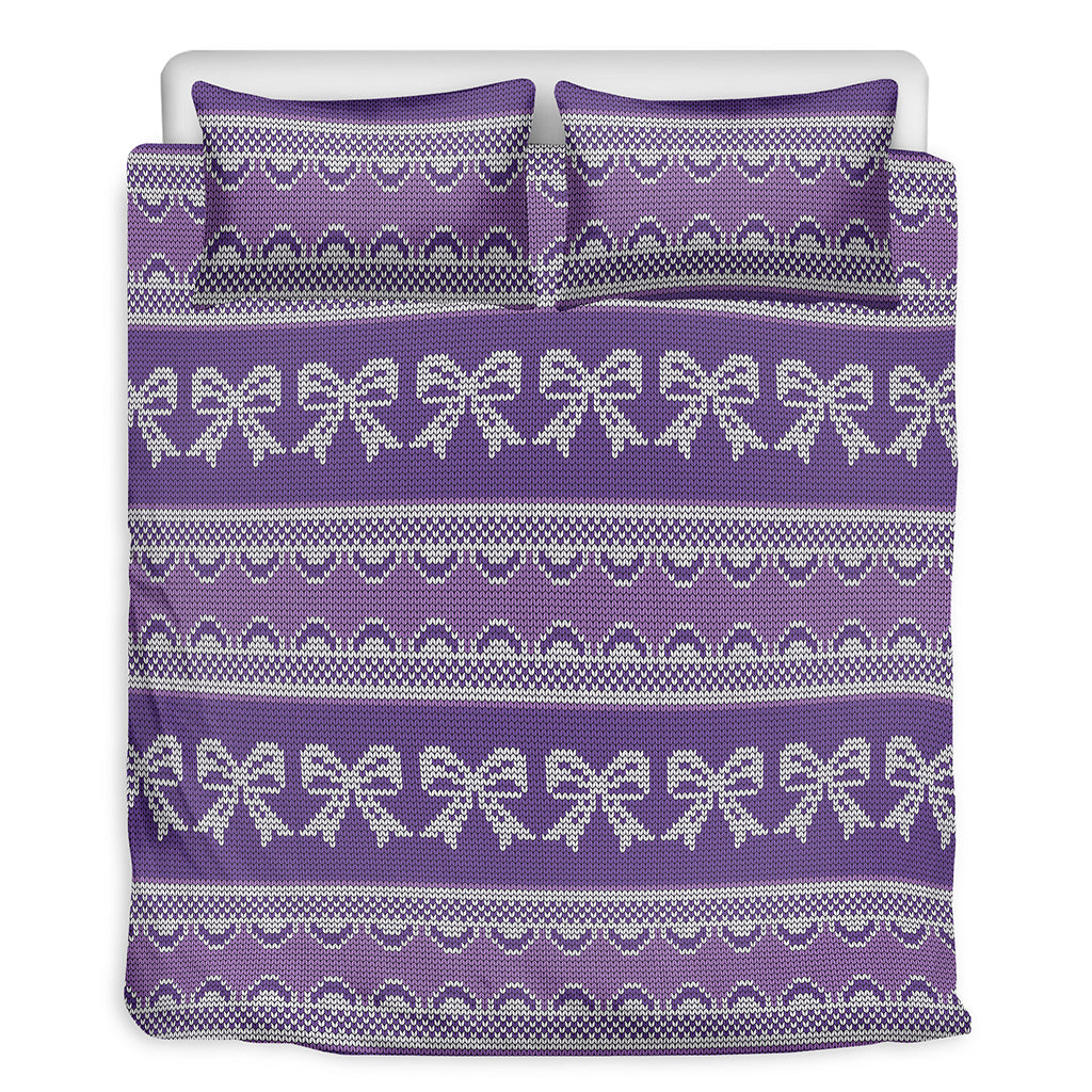 Purple Ribbon Knitted Pattern Print Duvet Cover Bedding Set