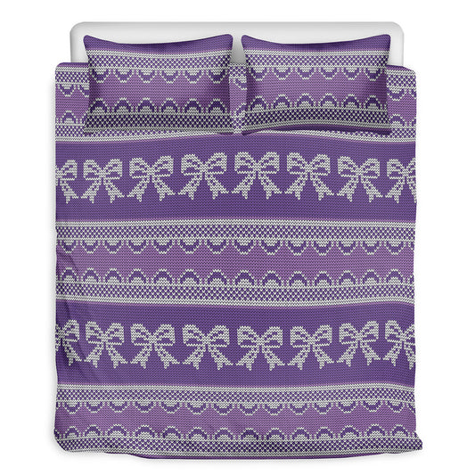 Purple Ribbon Knitted Pattern Print Duvet Cover Bedding Set