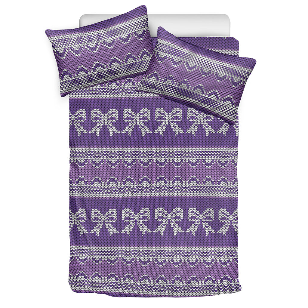 Purple Ribbon Knitted Pattern Print Duvet Cover Bedding Set