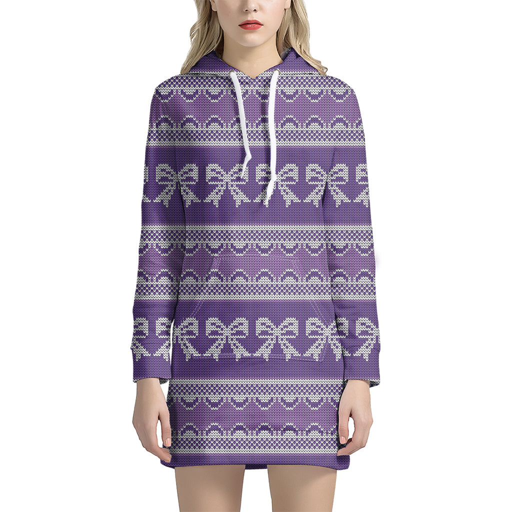 Purple Ribbon Knitted Pattern Print Hoodie Dress