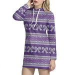 Purple Ribbon Knitted Pattern Print Hoodie Dress