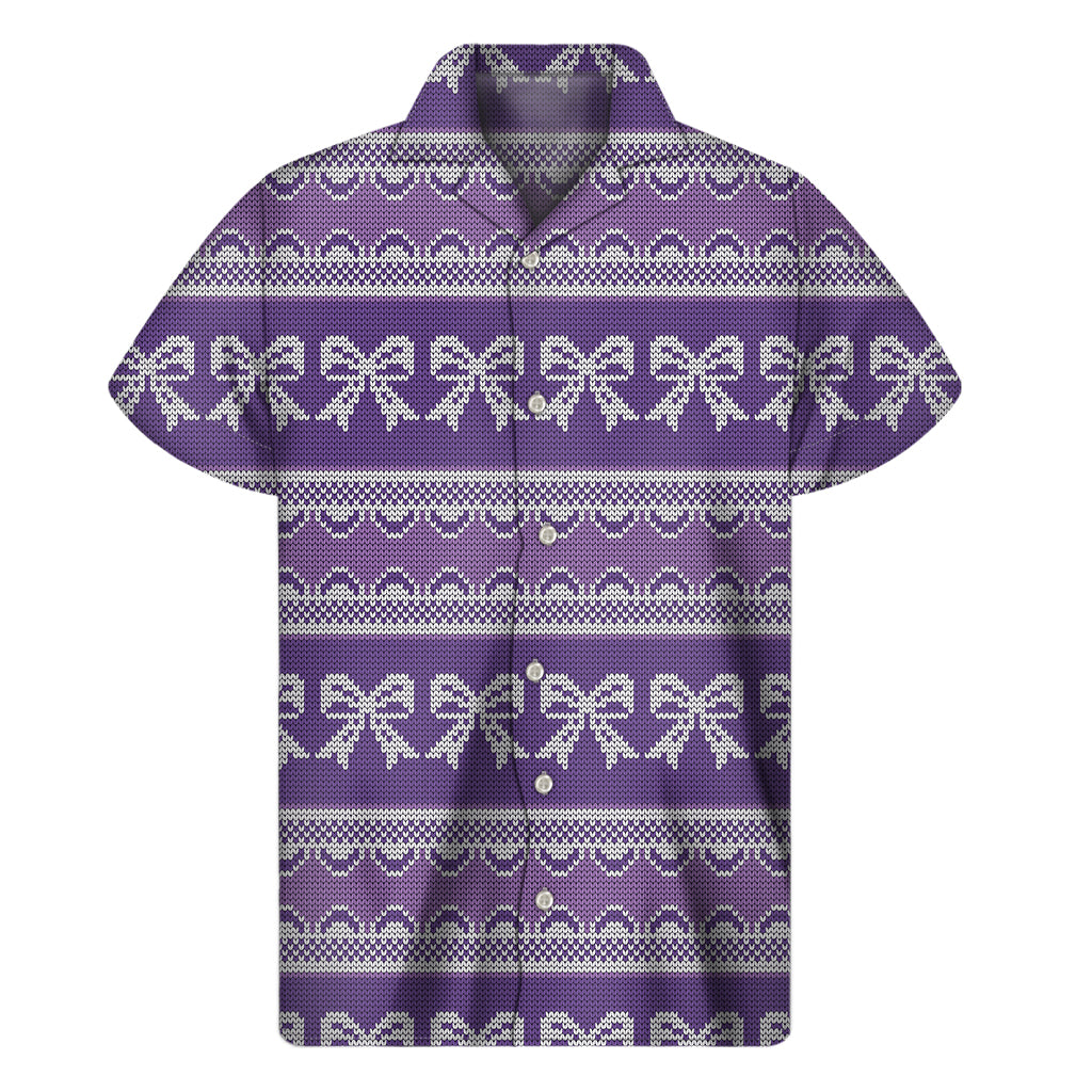 Purple Ribbon Knitted Pattern Print Men's Short Sleeve Shirt